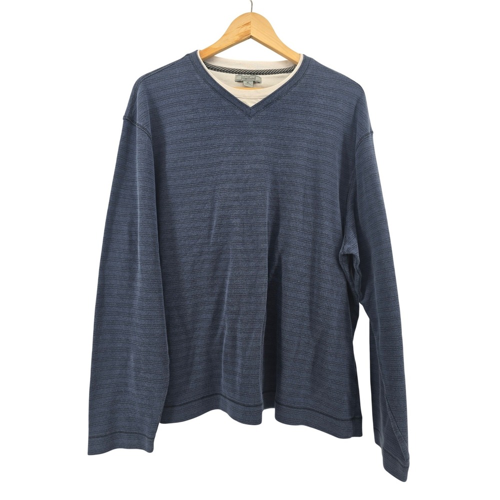 Method Pullover Mens XL Blue Striped V-Neck‎ Layered Look Long Sleeve Sweater